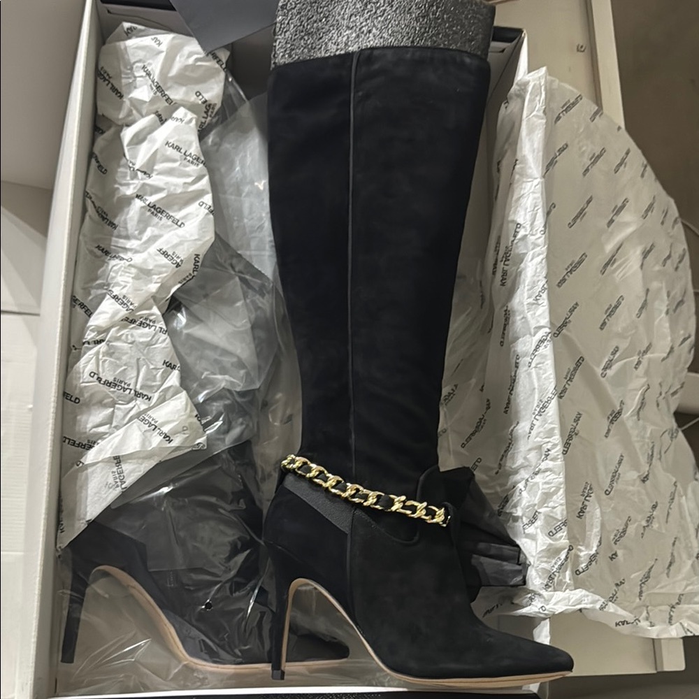 Karl Lagerfeld Black and Gold Heeled Boots with Chain Detail